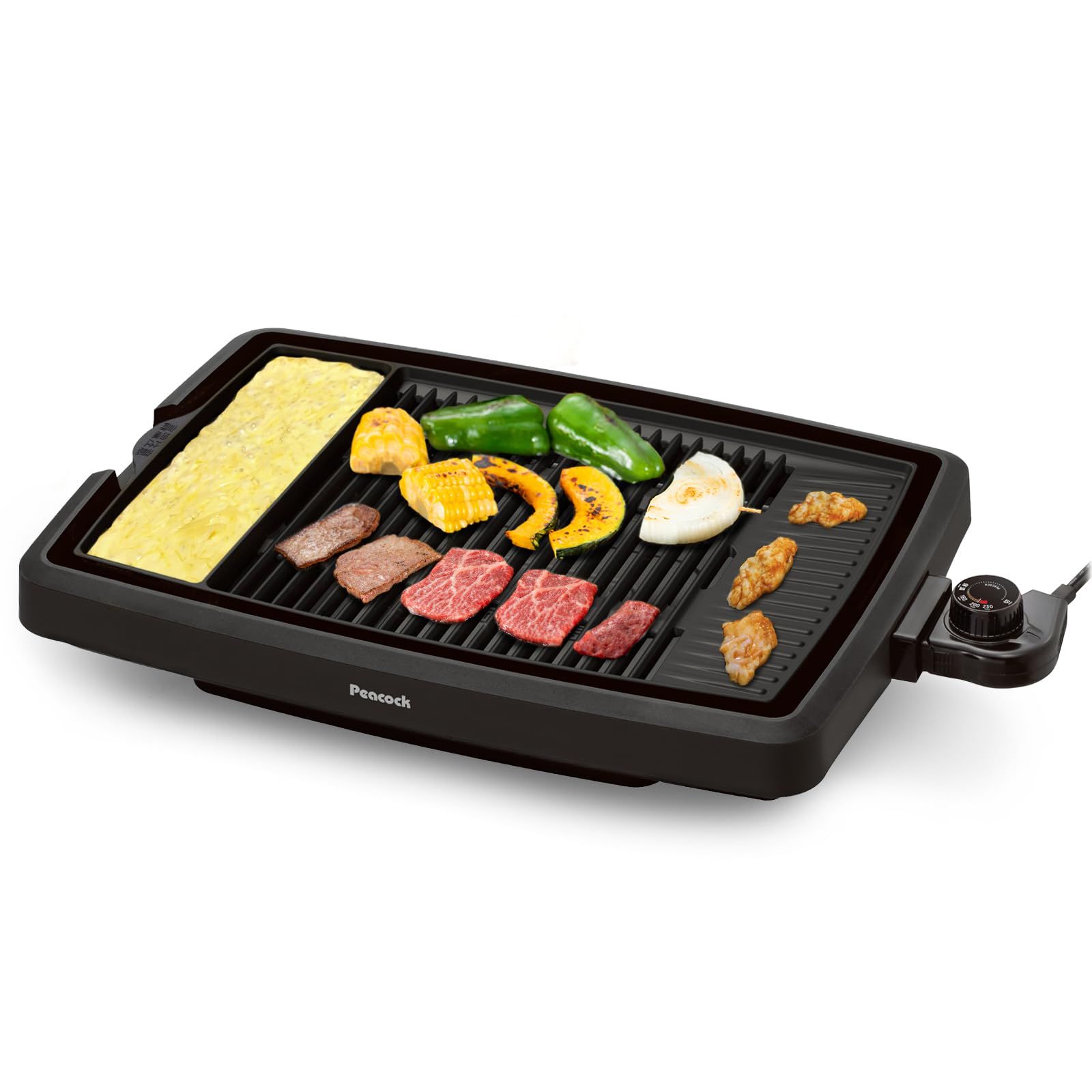 【プラス30日延長保証カード付き】 Peacock 焼肉プレート 電気焼肉器 減煙/減脂/高火力 煙が出にくい ヘルシー 洗える 小型 コンパクト 少人数 1人用 2人用 ロースター グリル ホットプレート 一人焼肉 ブラック★ 2f39b071