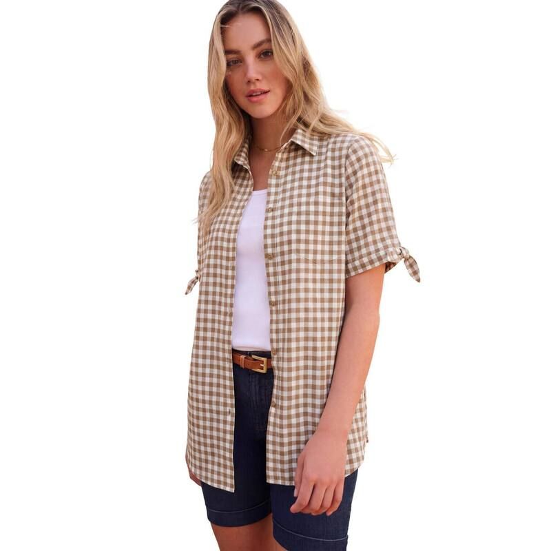 ロアマンズ レディース トップス シャツ プラスサイズ Roamans Womens Plusize Frencheck Shirt Brown Sugar Check ブラウン