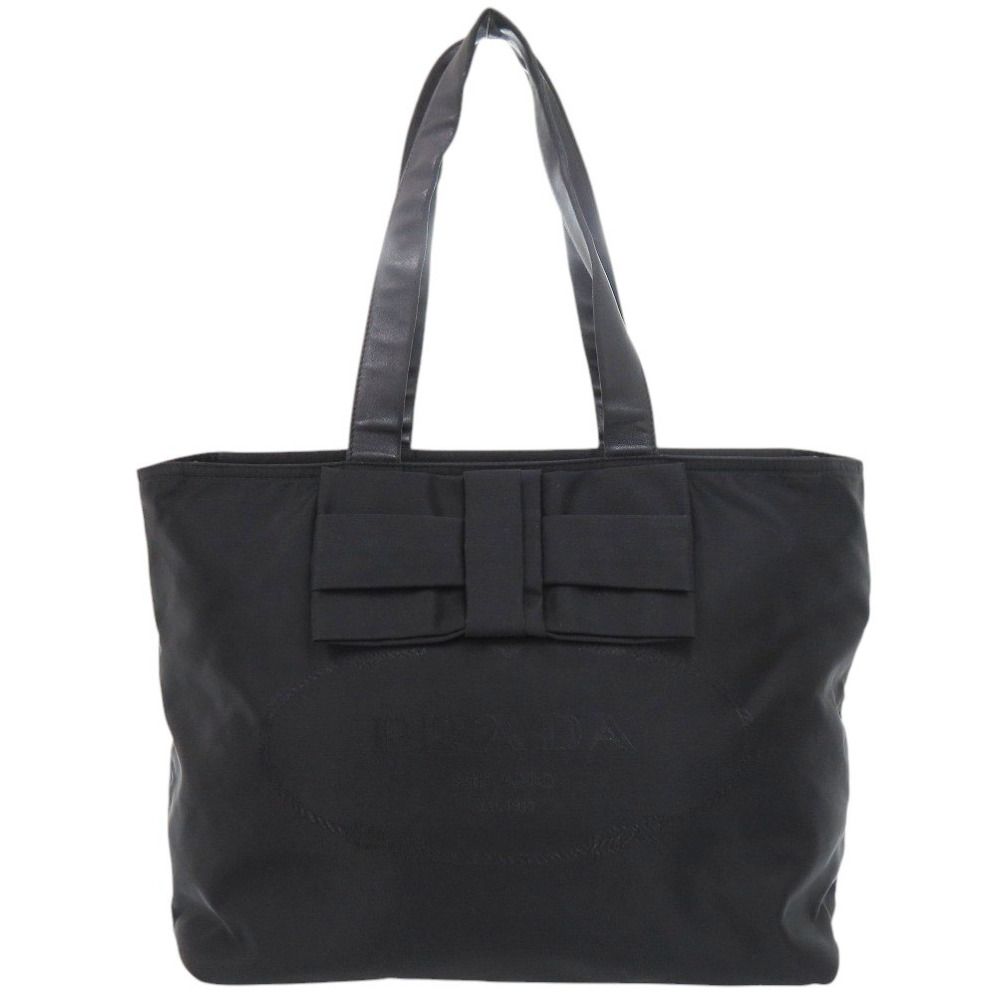 美品 プラダ ロゴ リボン 1BG052 ブラック トートバッグ 黒 1166 PRADA