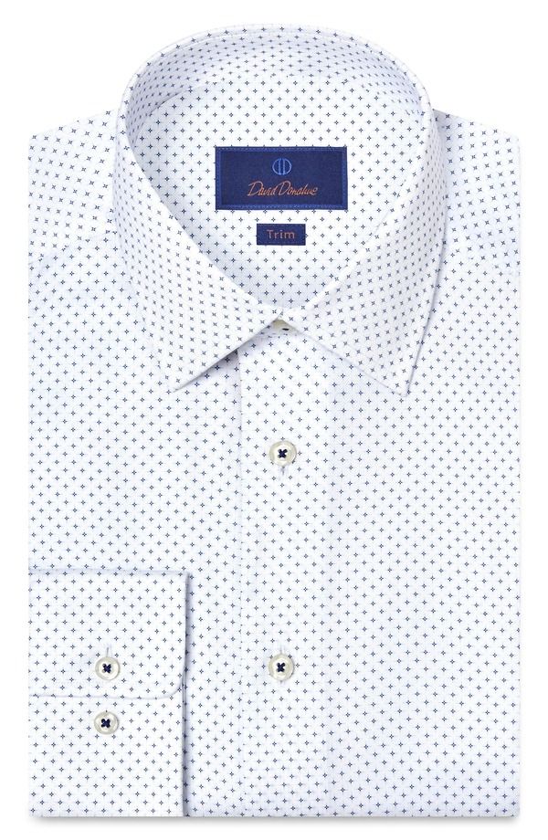 デイビッドドナヒュー メンズ トップス シャツ プリント コットン Davidonahue Trim Fit Neat Print Cotton Dresshirt White Navy ホワイト