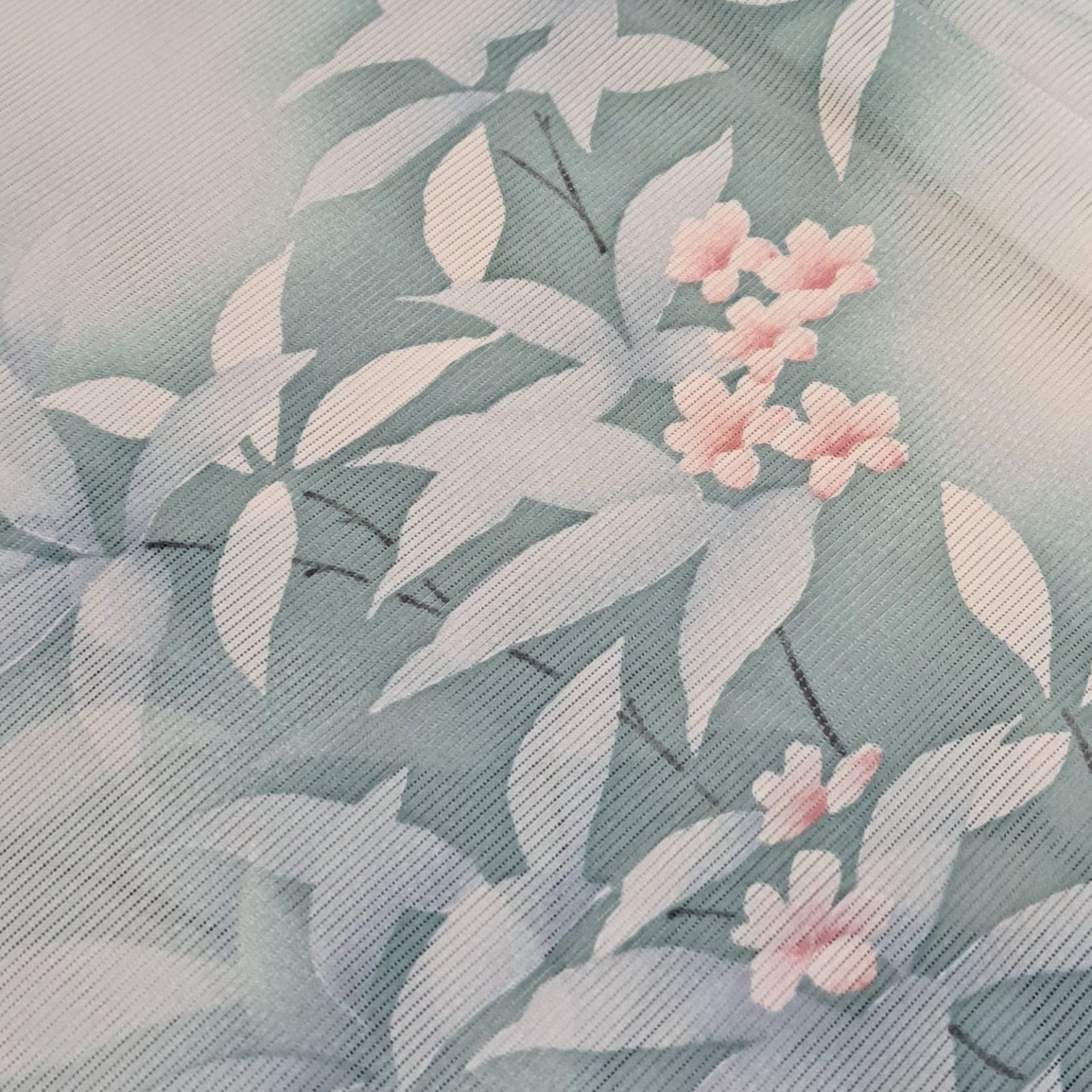 洗える夏着物・絽・小紋】白地に桜 山桜 グリーン 爽やか 化繊 ろ