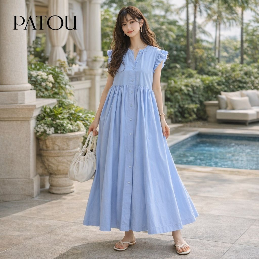 PATOU パトゥ 22SS フリル 綿 コットン100％ マキシ丈 フリル袖 シャツワンピース　22SA2-DR087-17 22年モデル 2022 近年 ワンピース シャツワンピース 12,530円
