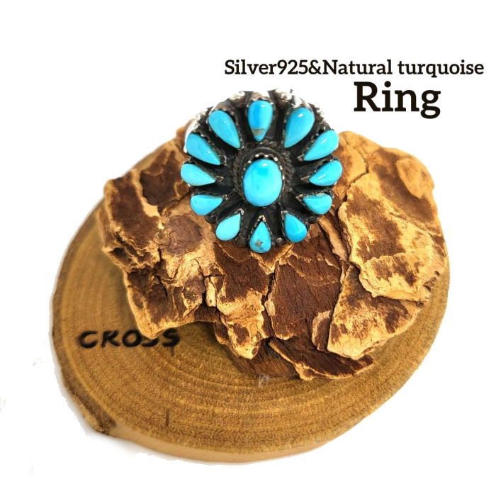 rym-325ターコイズリング クラスター20号Silver925&Natural turquoiseインディアンスタイル