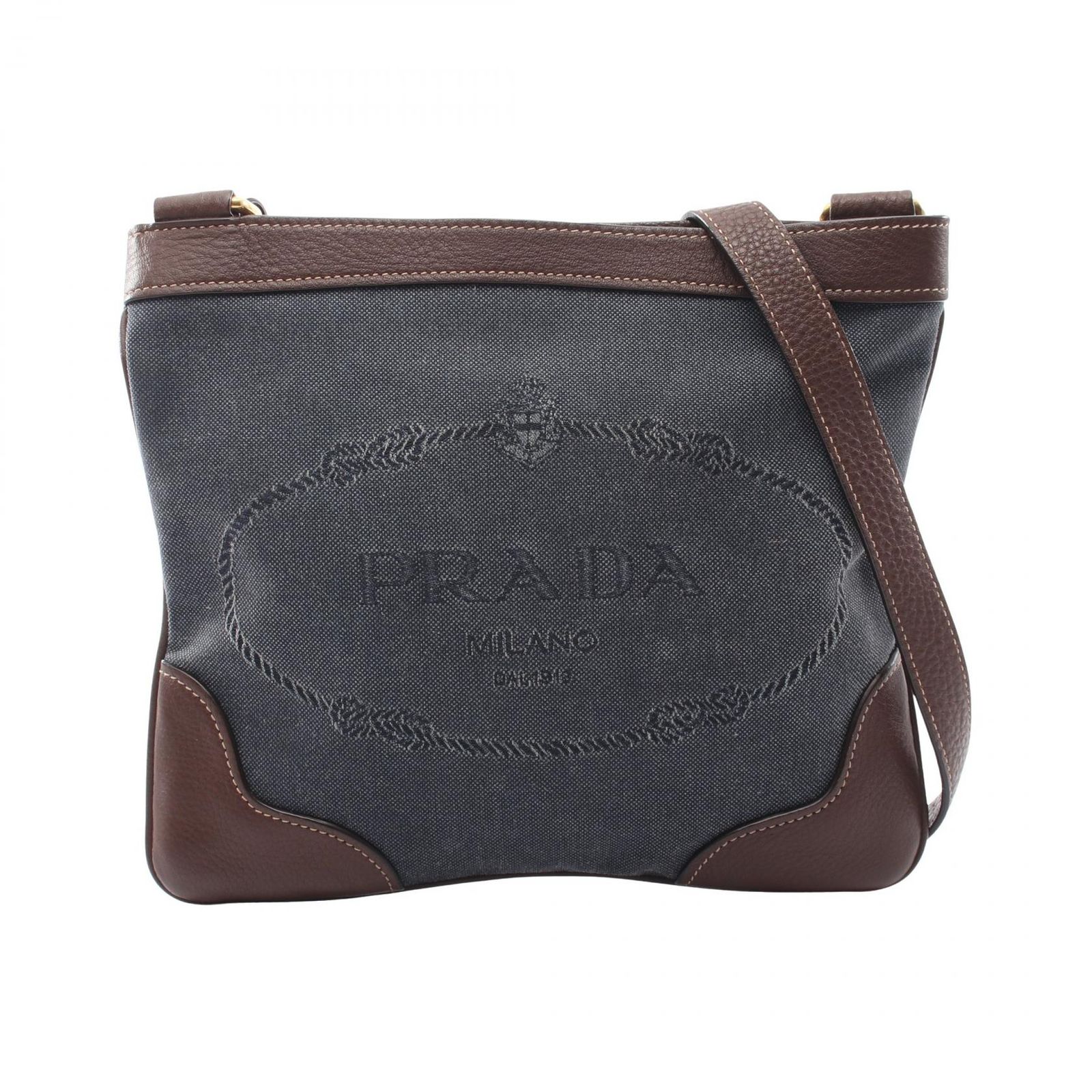プラダ PRADA ショルダーバッグ ロゴジャガード インディゴブルー/ブラウン キャンバス レザー ロゴジャガード ショルダーバッグ レディース Used B