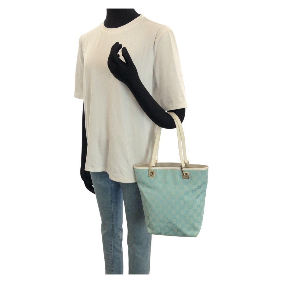 美品 GUCCI グッチ ライトブルー ホワイト ゴールド金具 GGキャンバス