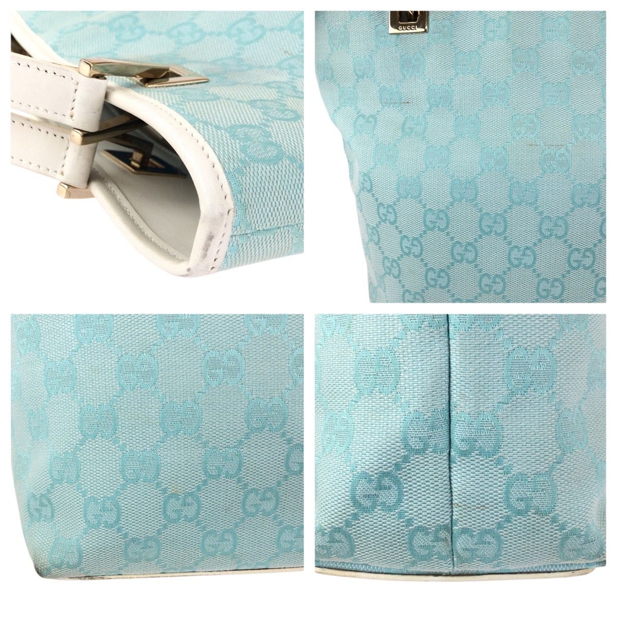 美品 GUCCI グッチ ライトブルー ホワイト ゴールド金具 GGキャンバス
