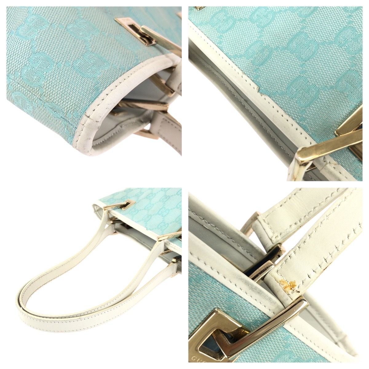 美品 GUCCI グッチ ライトブルー ホワイト ゴールド金具 GGキャンバス