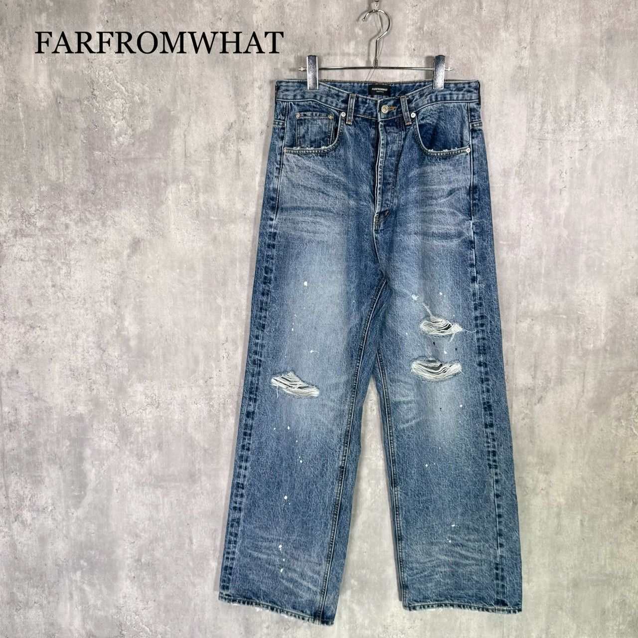『FARFROMWHAT』ファーフロムワット(2)ダメージ加工 ワイドストレート デニムパンツ