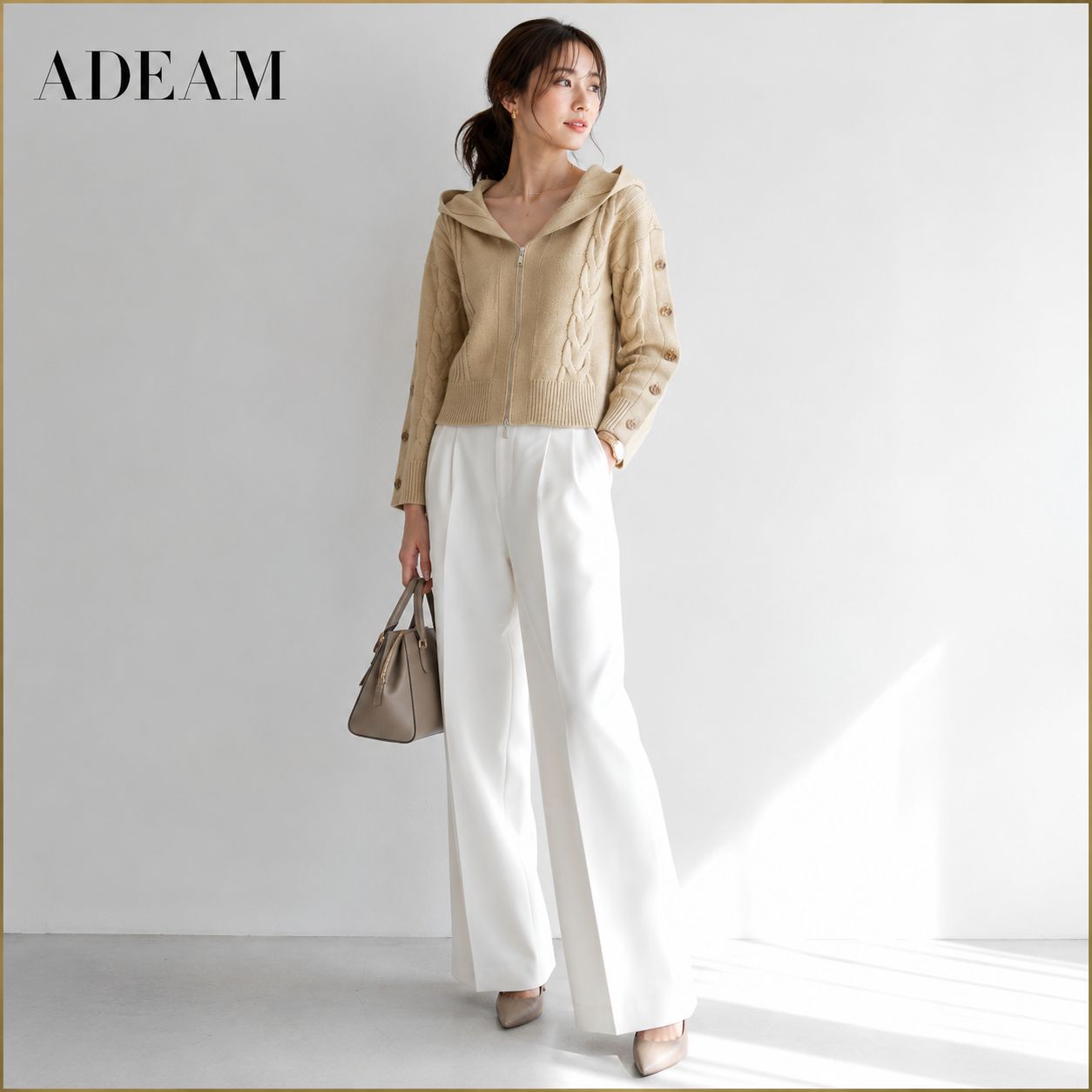 参考価格90,200円【美品 / 立体フレアライン オーキッドカーディガン】ADEAM 42898 / アディアム コットンBLEND ベージュ XS 学校行事 お食事会 ホテルランチ 通勤 デイリー