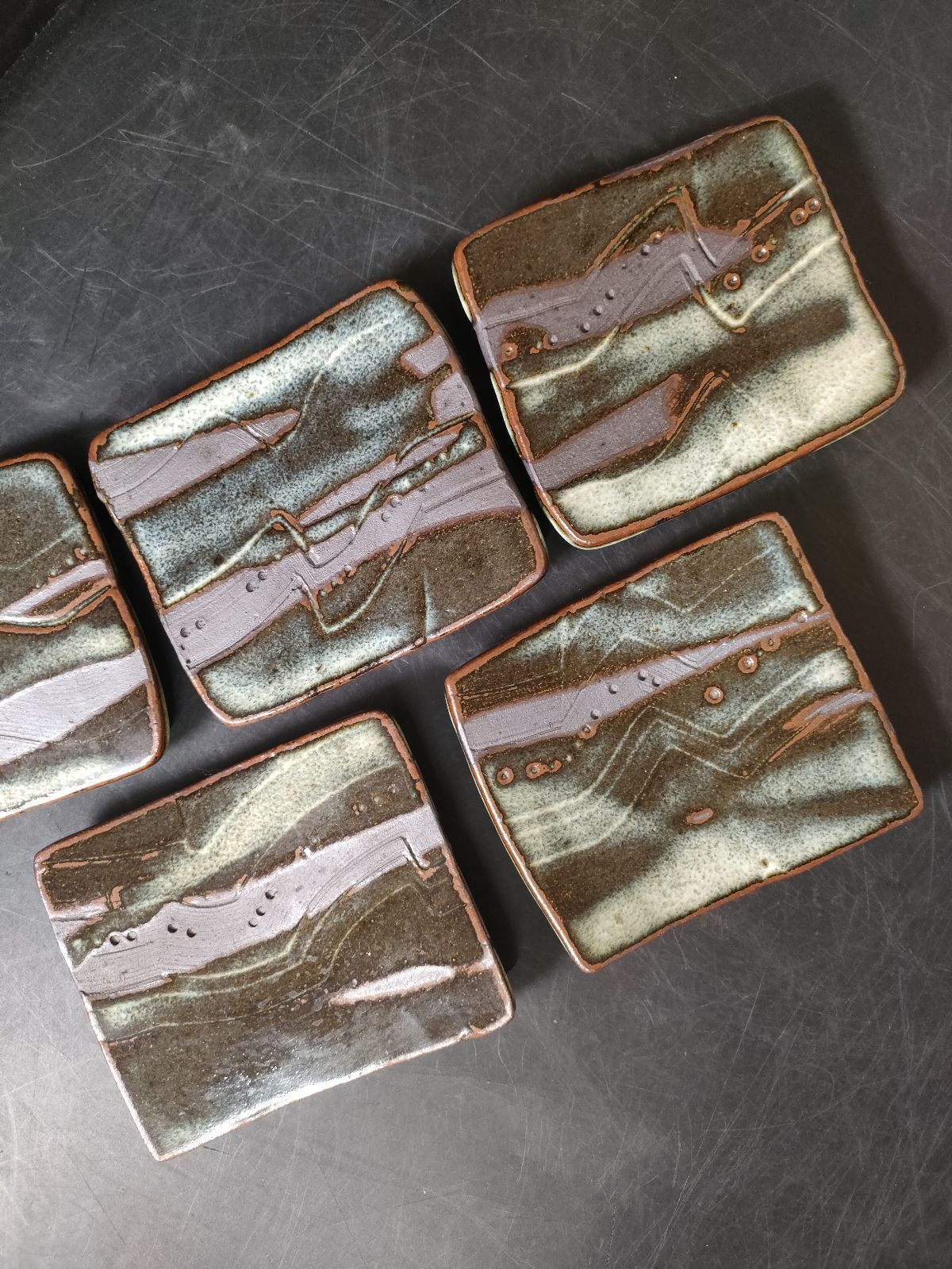 F27-07/焼締淡青緑釉四つ足四角小皿 5客/骨董/小鉢/小皿/向付/膾皿