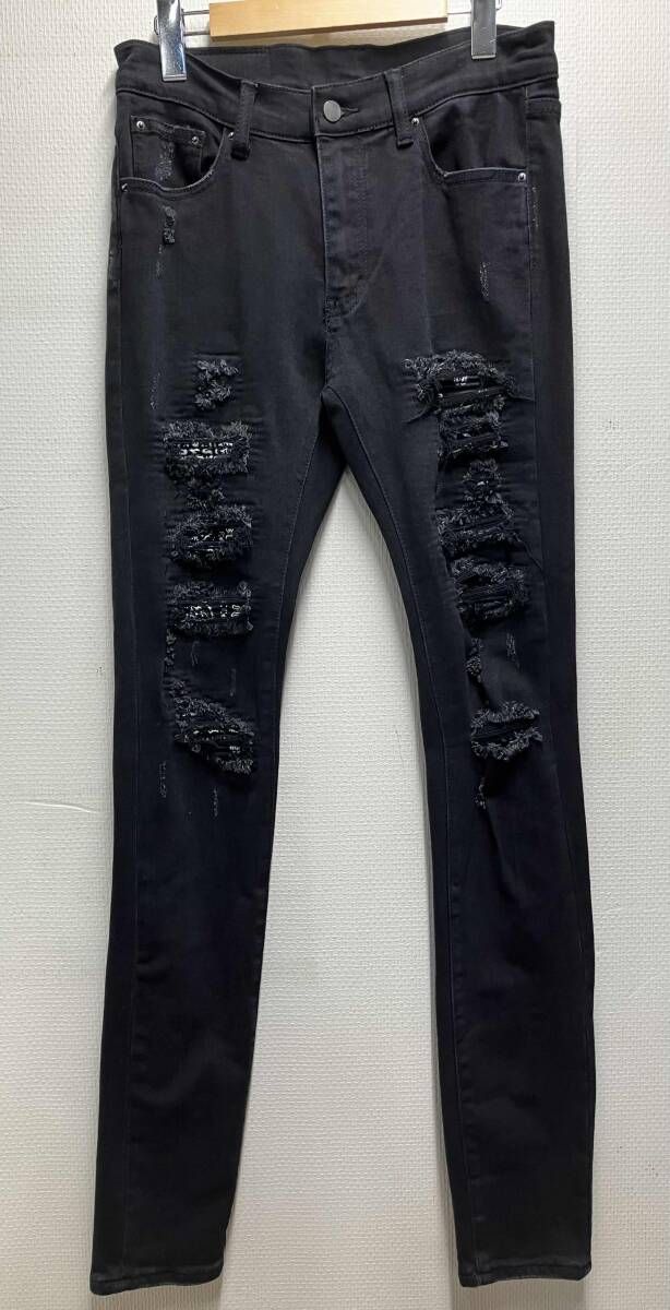 mnml X165 Paisley Stretch Denim ミニマル ペイズリー ストレッチ デニム ブラック スキニー パンツ ダメージ加工 クラッシュ メンズ W30 7,554円