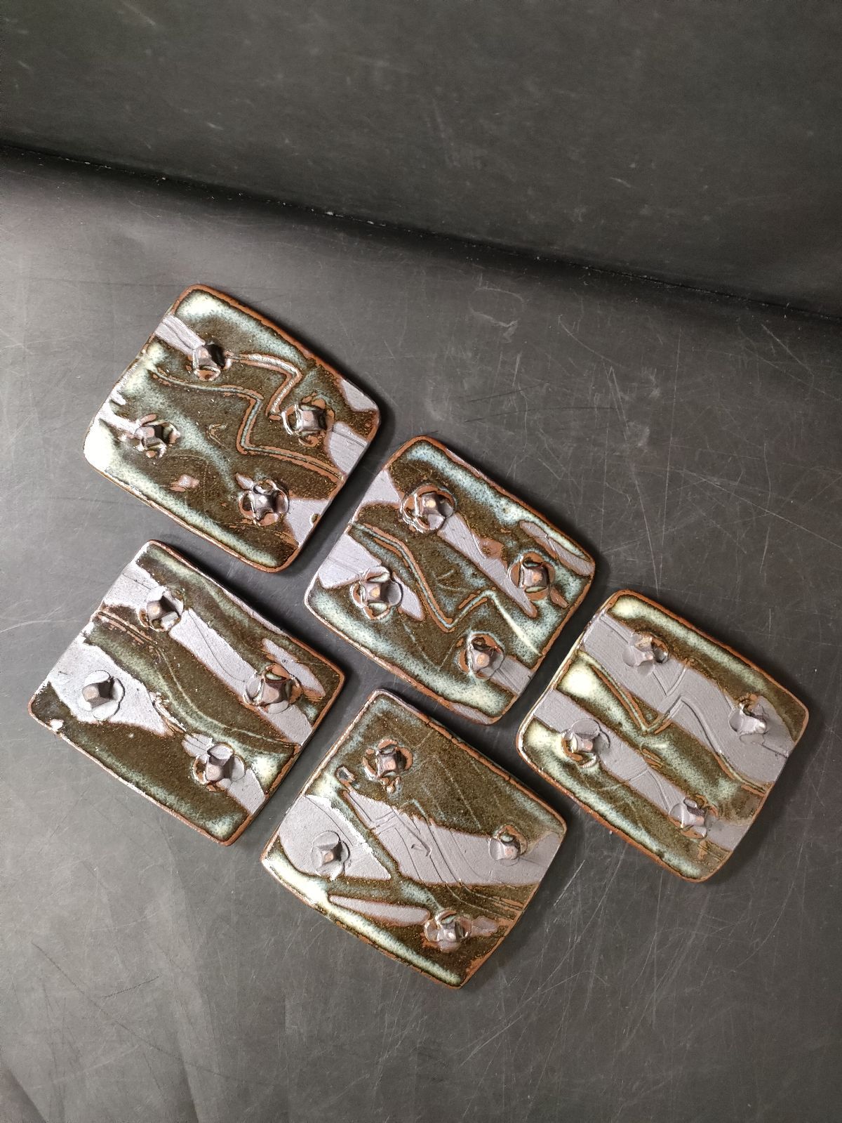 F27-07/焼締淡青緑釉四つ足四角小皿 5客/骨董/小鉢/小皿/向付/膾皿