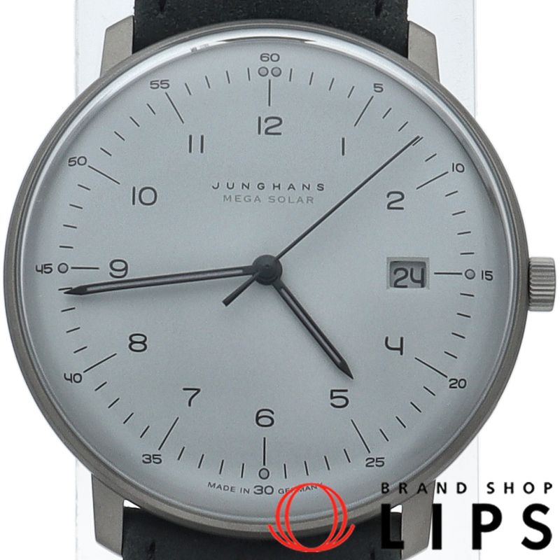 ユンハンス マックスビル メガソーラー ウォッチ 38mm 059/2023.02 箱 保証書 Ti/革 メンズ時計 グレー