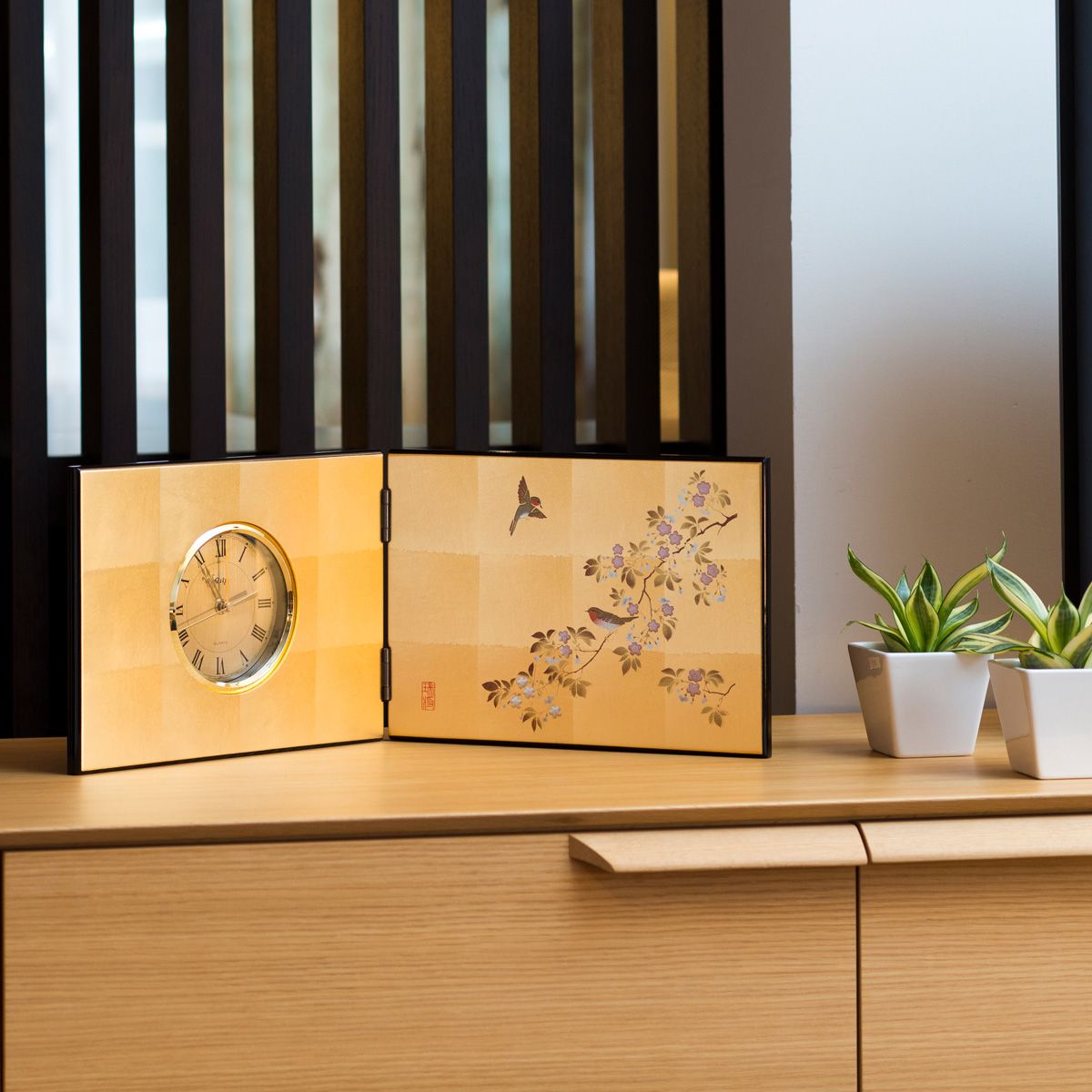 花見鳥　屏風時計 箔一(HAKUICHI) 日本伝統工芸品