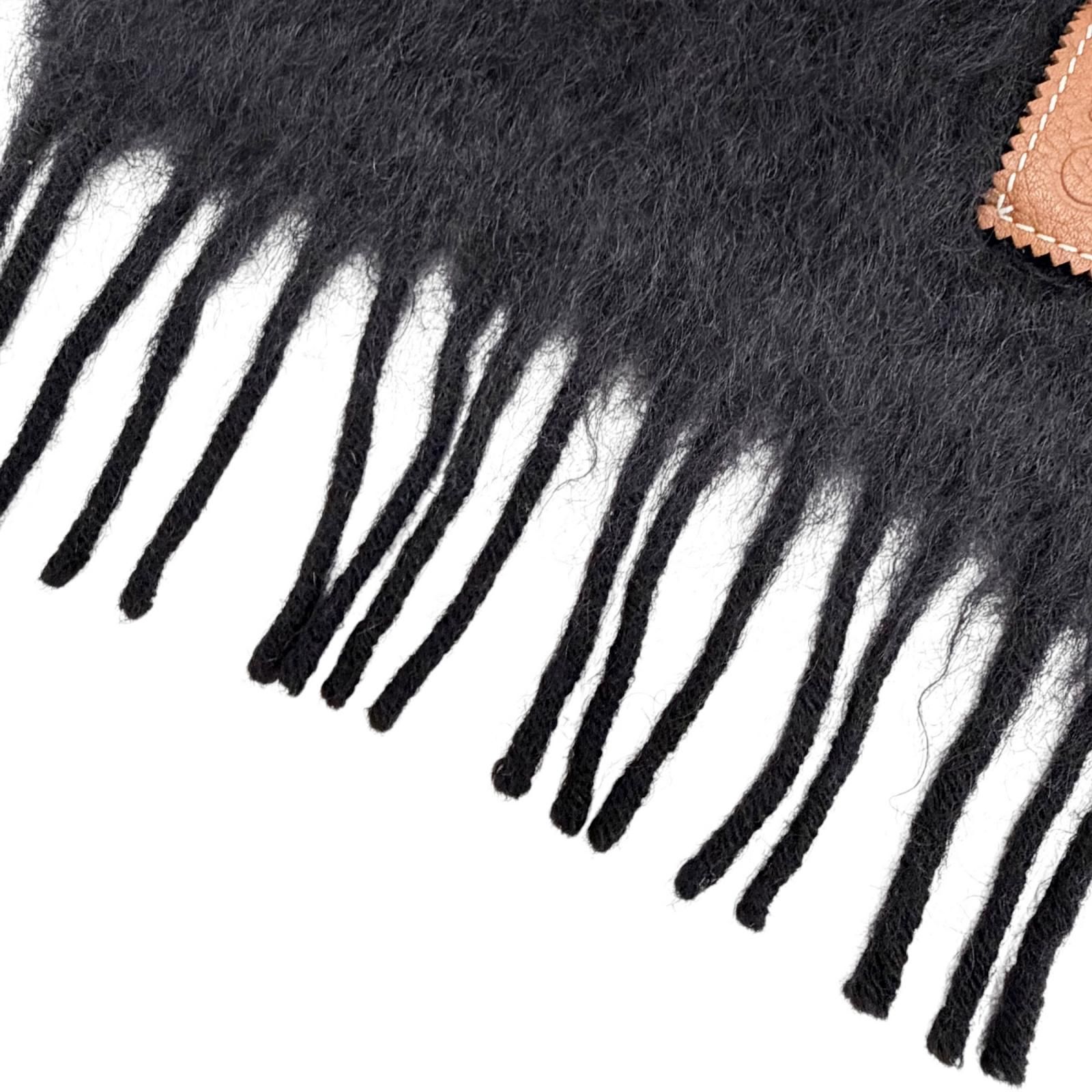 ロエベ　アナグラムモヘアマフラー　ブラック　美品 良品△LOEWE ロエベ モヘア ウール アナグラムレザーワッペン フリンジ
