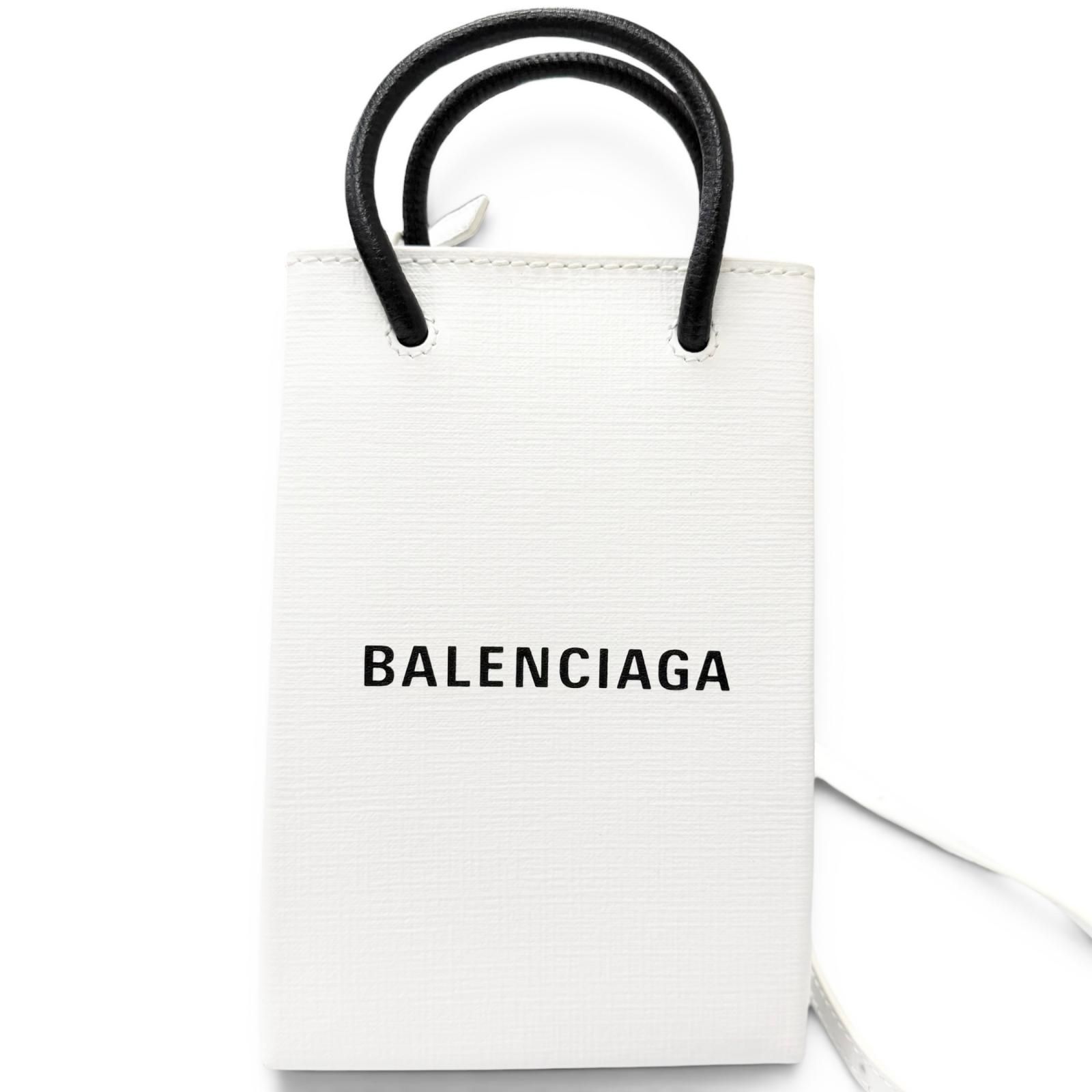 極美品□BALENCIAGA バレンシアガ 593826 ロゴ入り レザー ショッピング フォンホルダー ショルダーバッグ ホワイト メンズ 保存袋付き 極美品□BALENCIAGA バレンシアガ 593826 ロゴ入り レザー