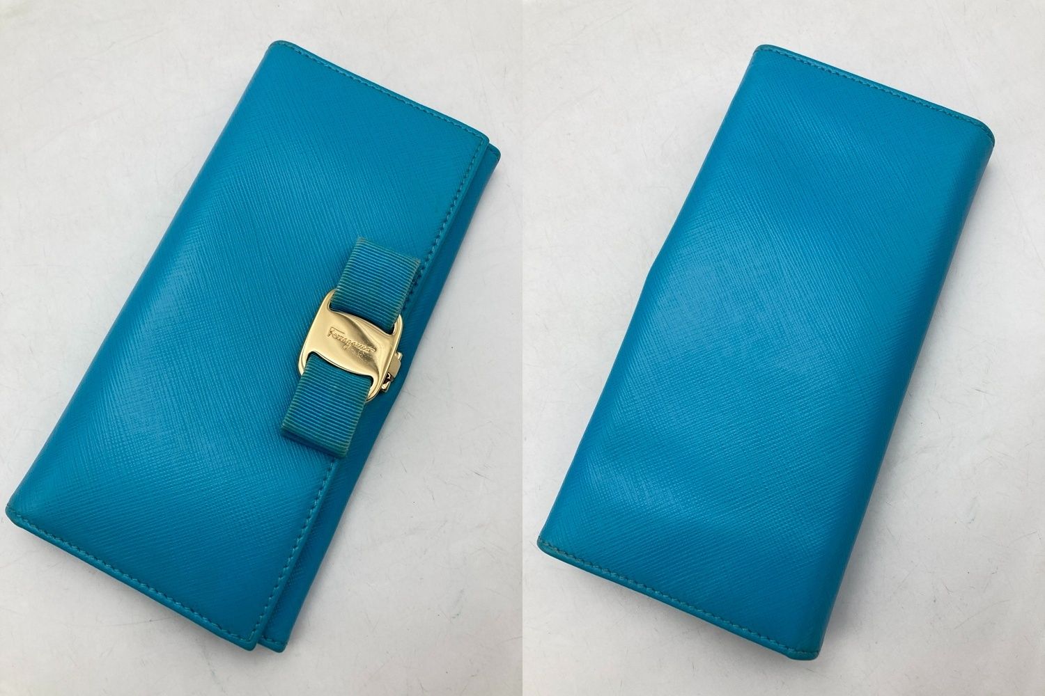 値下げ Salvatore Ferragamo 二つ折り財布　ヴァラリボン　青 Salvatore Ferragamo フェラガモ ヴァラリボン 2つ折り長財布 中古 D4