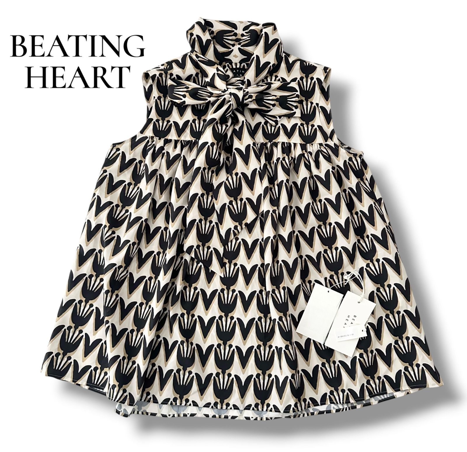 ビーティングハート BEATING HEART ボウタイ ノースリーブ ブラウス 総柄 イタリア生地 日本製 1 M 未使用級 タグあり インポート生地 6JU068