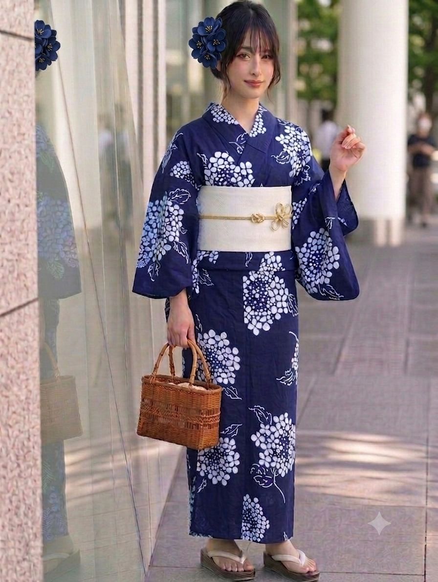 高級浴衣】注染 本染め コーマ地 浴衣 紫陽花柄 紺色 藍色 総柄（着丈