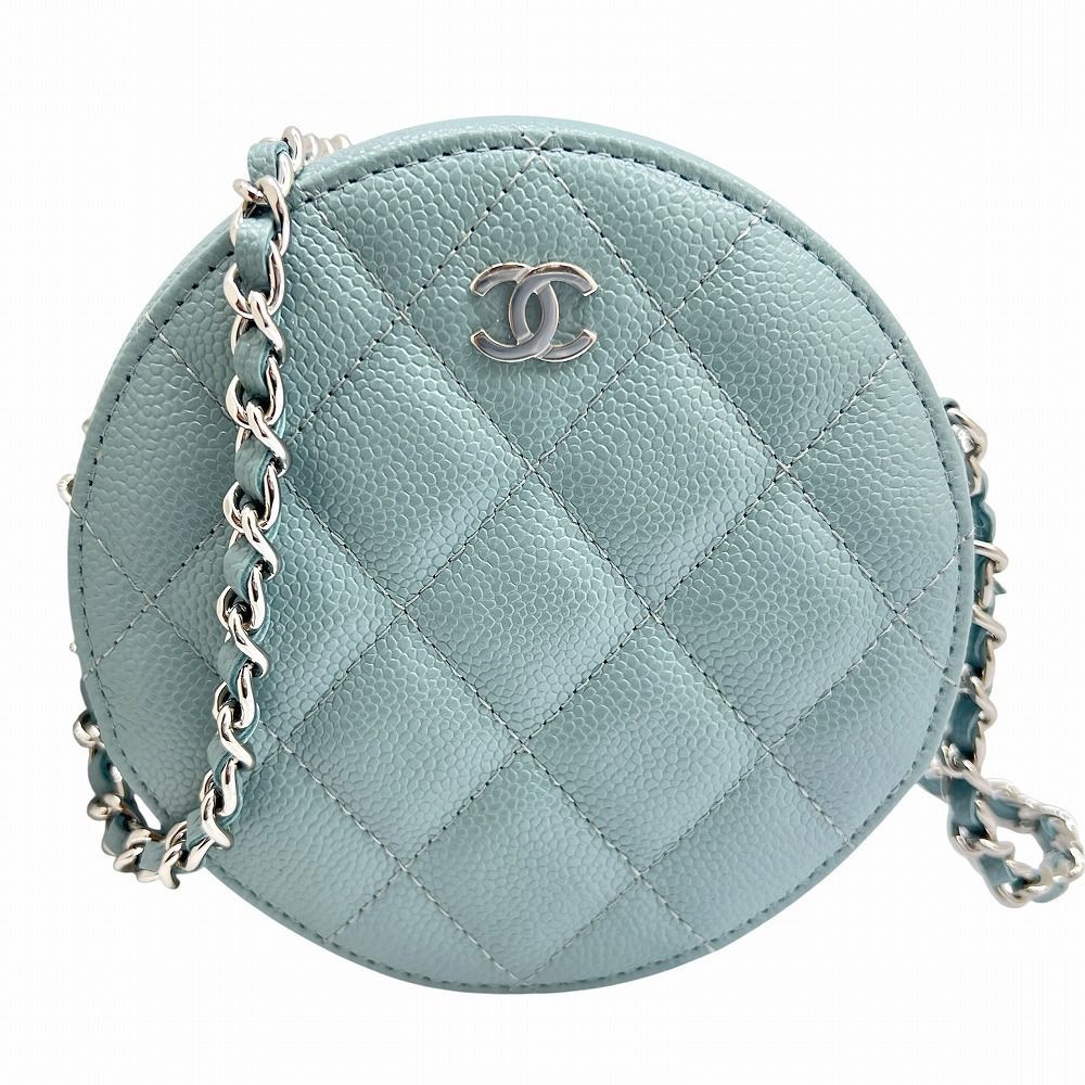 CHANEL シャネル チェーンショルダー 丸型 ライトブルー キャビア
