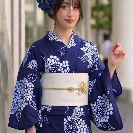 高級浴衣】注染 本染め 浴衣 紫陽花柄 紺色 藍色 紺白 総柄（着丈144cm