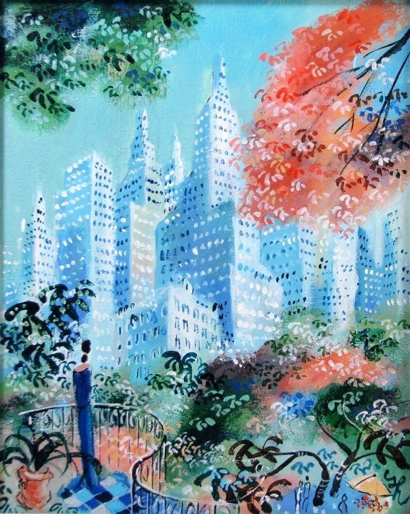 油絵 手書き肉筆画(原画) イタリア画家ロニストン 縦87センチ✖️横67センチ 真作 平野琳人画 「秋・NY」 画廊証明書付 F3 油彩 肉筆 本人直筆