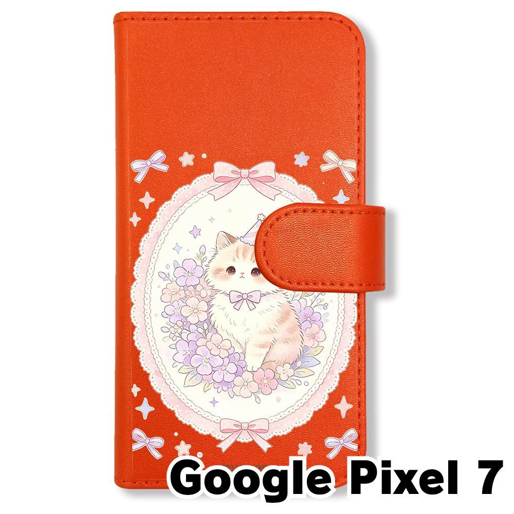 新品未使用】 GOOGLE PIXEL 7 手帳型スマホ ケース (色：オレンジ×花輪