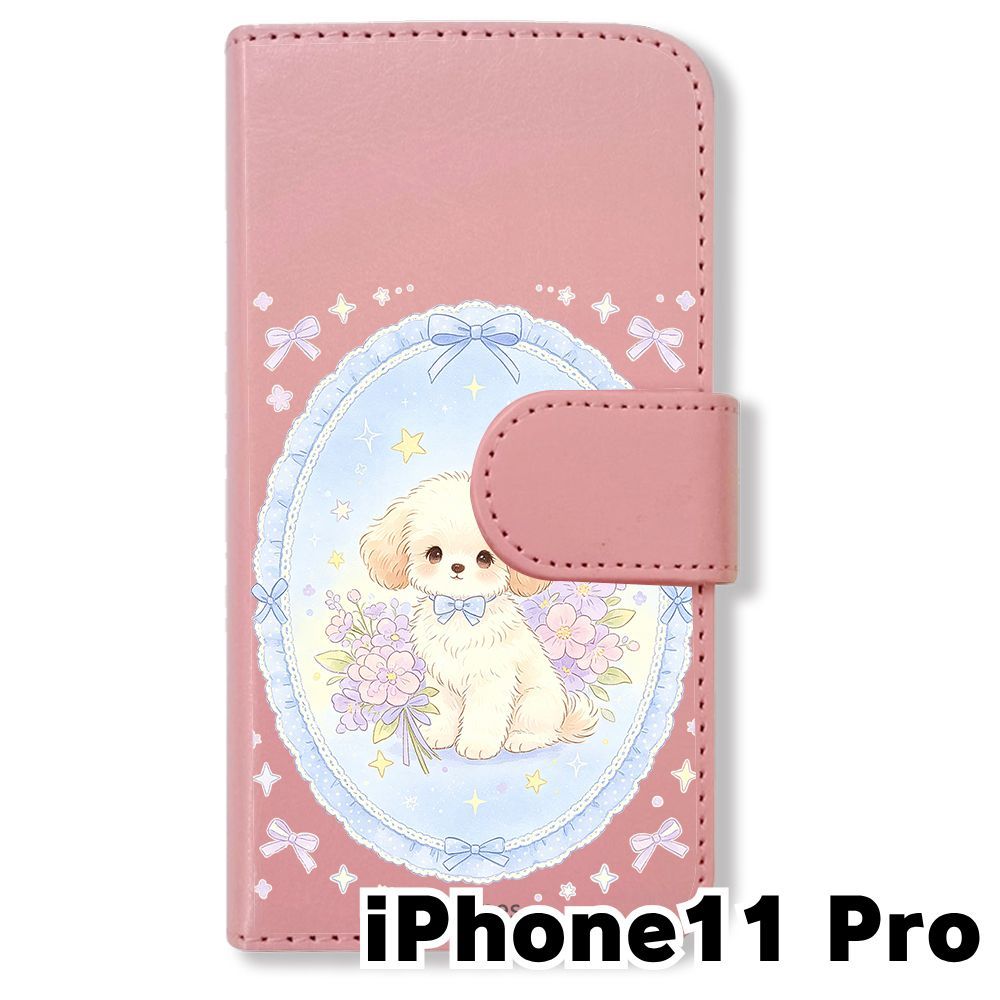 新品未使用】 iPhone11 Pro 手帳型スマホ ケース (色：ピンク×花輪いぬ