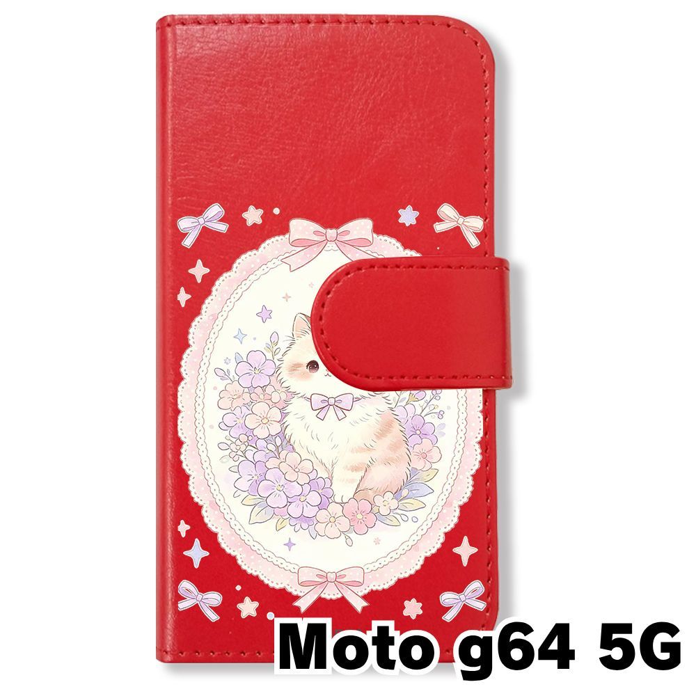 新品未使用】 moto g64 5G 手帳型スマホ ケース (色：レッド×花輪ねこ
