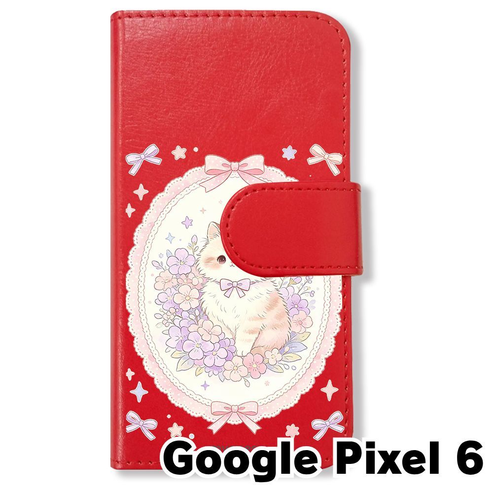 新品未使用】 Google Pixel 6 手帳型スマホ ケース (色：レッド×花輪