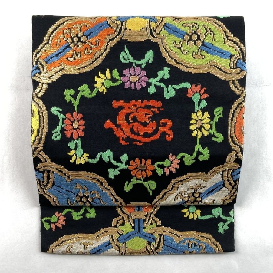 たんす屋 TANSU-YA リユース帯 帯 袋帯 黒 フォーマル 織り 龍村平藏 万代蜀甲錦 カラフル 絹 お太鼓柄 洗い済 7650004285069
