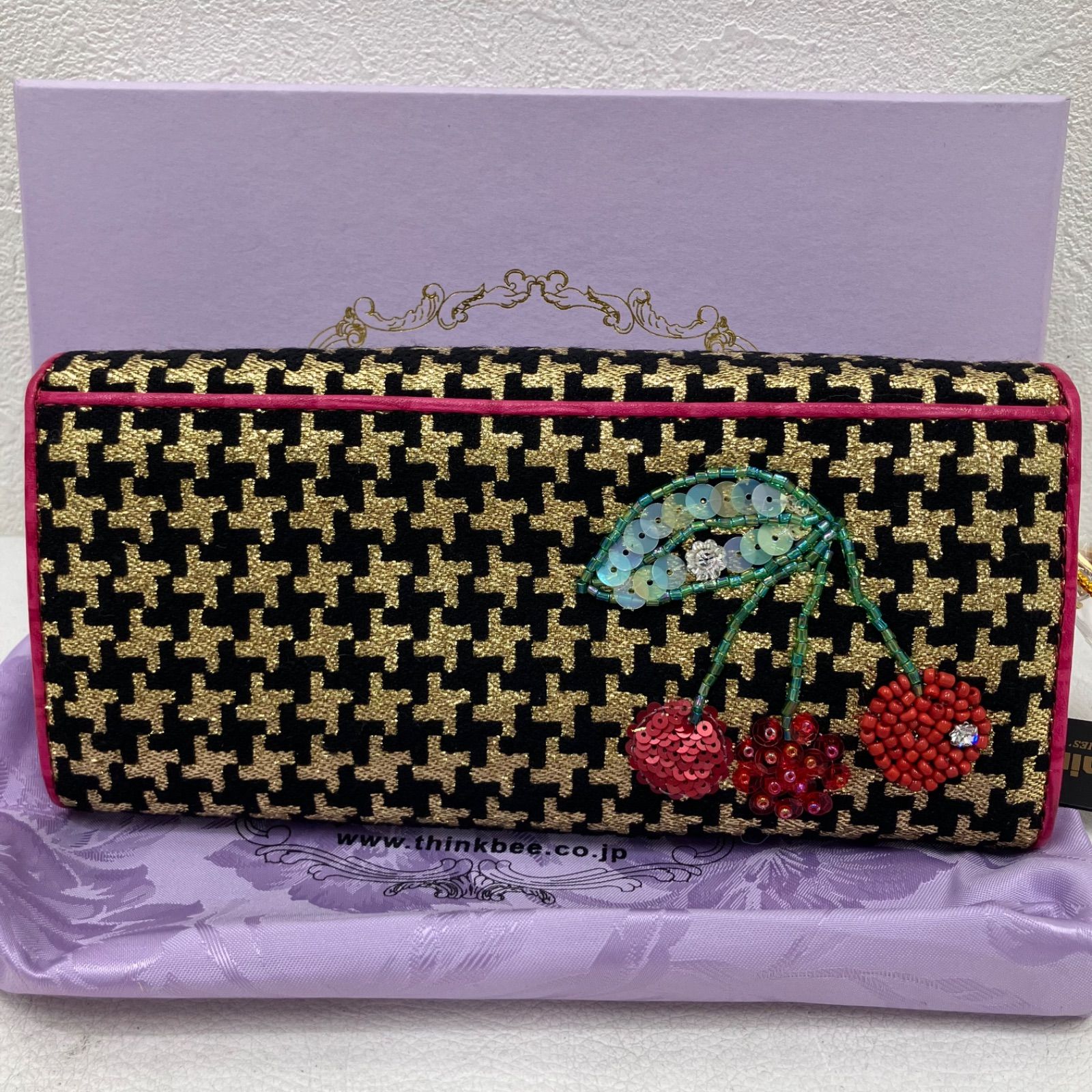 Think Bee! 長財布 千鳥格子 ローズ刺繍 3415 Think Bee! シンクビー！ スパンコール ビジュー刺繍 チェリー 長