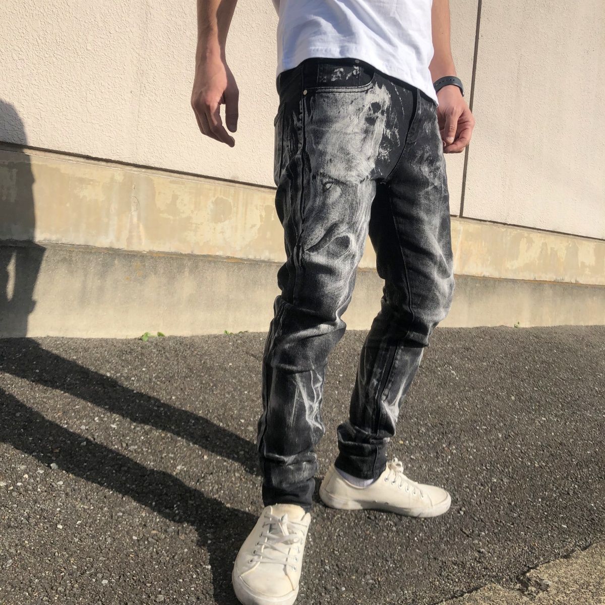 メンズ デニムパンツ 黒 ストリートカジュアル スカル ウルフ シャドウプリント