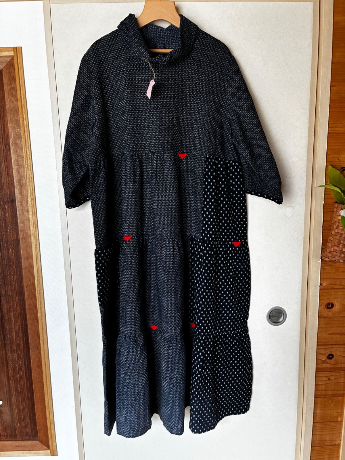 古布　ロール襟　三段ギャザワンピース（No.45）