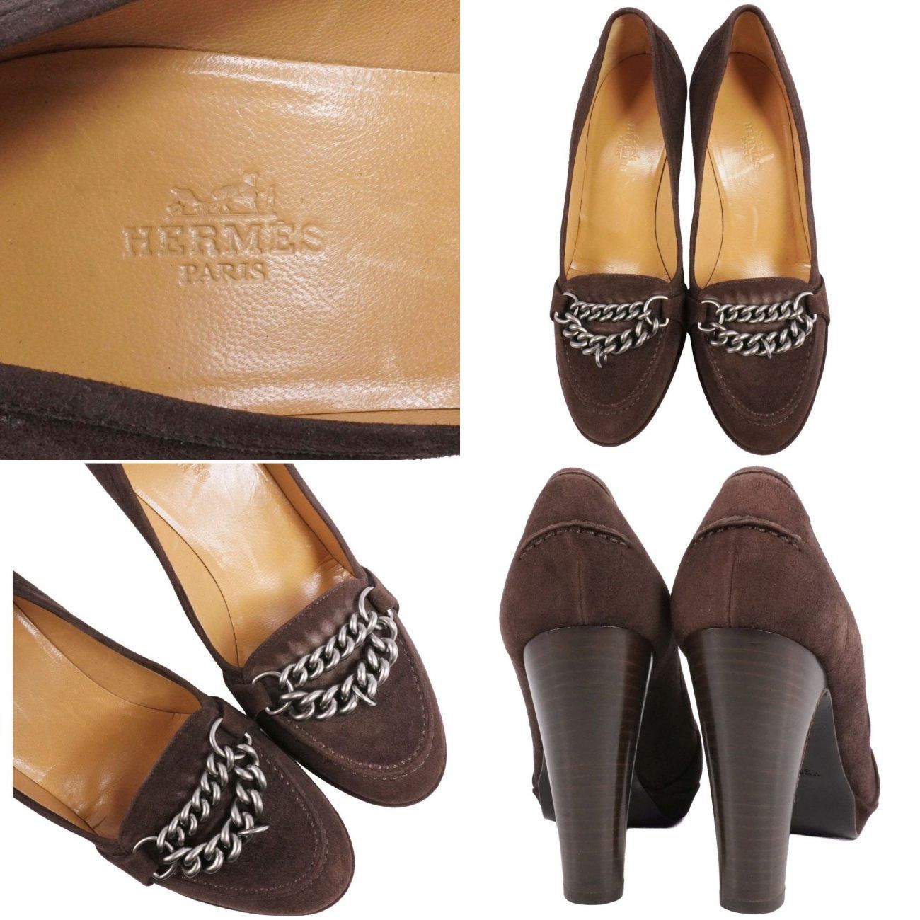 美品 エルメス HERMES パンプス チェーン スエードレザー ヒール