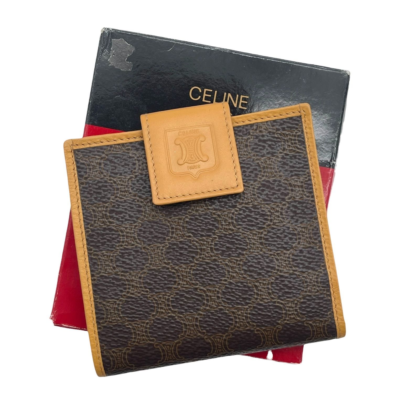 美品 CELINE セリーヌ 二つ折り財布 マカダム柄 トリオンフロゴ レザー