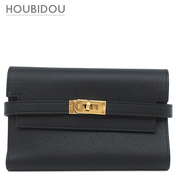 エルメス HERMES 三つ折り財布 ケリーウォレット ミディアム ヴォーエプソン ブラック ゴールド金具 D 【箱】【中古】