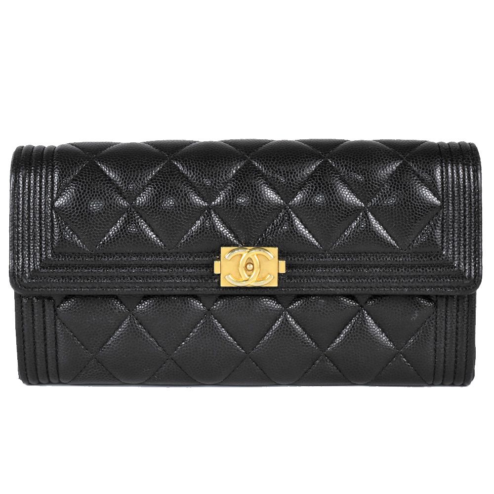 シャネル CHANEL ボーイシャネル 長財布 キャビアスキン ブラック 8桁