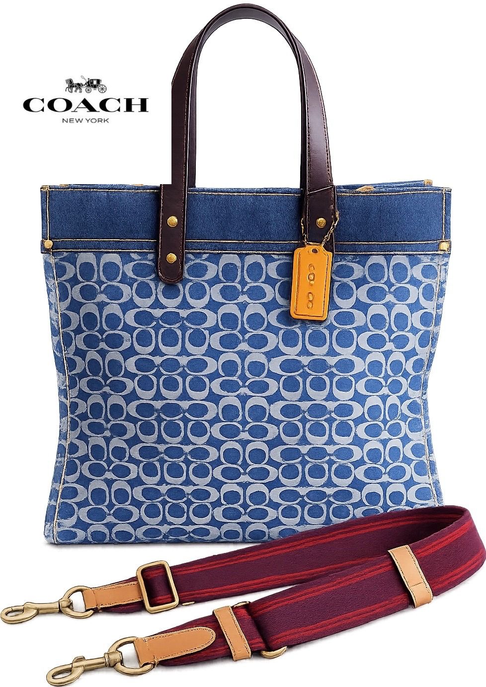 COACH コーチ フィールド トート40 シグネチャー デニム 2WAY ショルダーバッグ CA279 ストラップ付き A4収納可