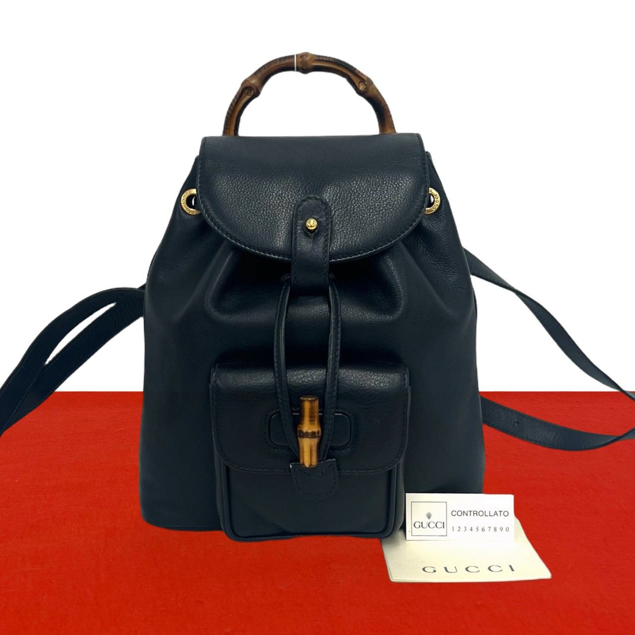e49【極美品】グッチ　シボ革　レザー　ブラック　バンブー　タッセル　リュック 極 美品 GUCCI グッチ オールドグッチ ヴィンテージ バンブー レザー