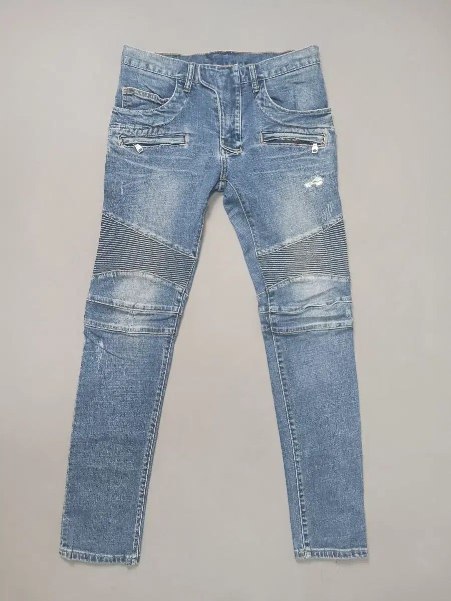 BALMAIN リブ スリムフィット バイカー デニム ジーンズ ブルー