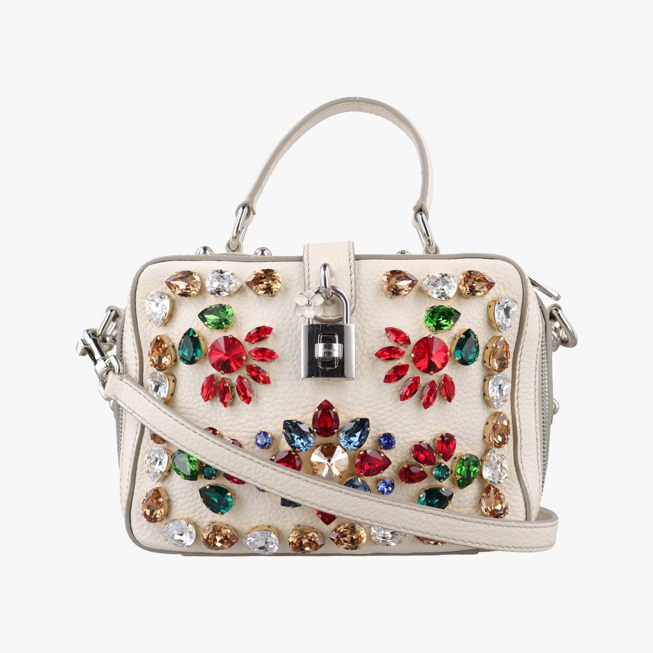 ドルチェ＆ガッバーナDolce & Gabbanaフラワーモチーフ ラインストーン ロック ホワイトxマルチカラー レザー 44