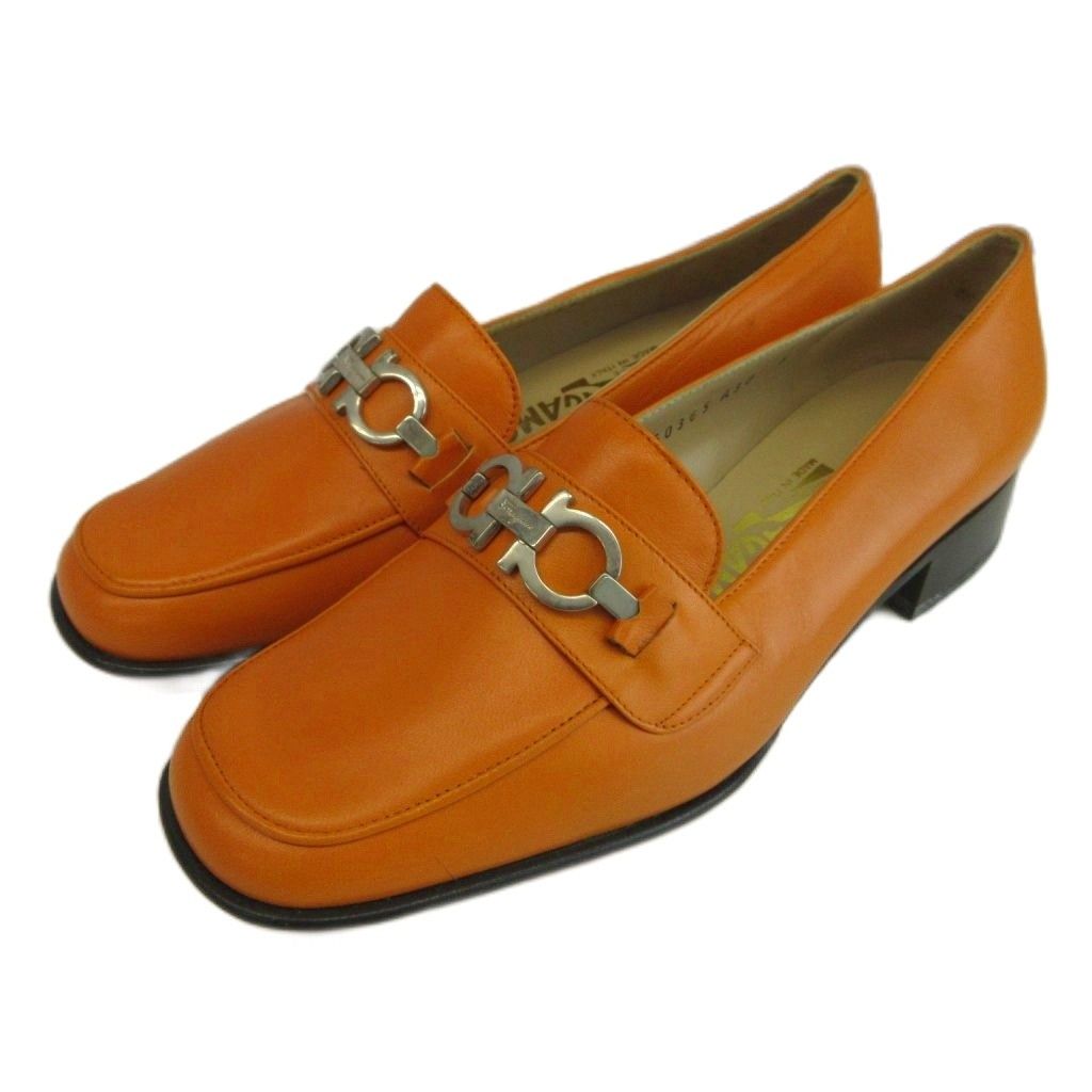 サルヴァトーレフェラガモ Salvatore Ferragamo パンプス ローファー レザー スクエアトゥ ローヒール ガンチーニ シルバー金具 5 22.5cm オレンジ /XZ ■GY18