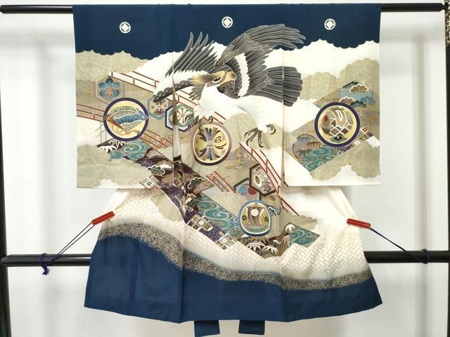 平和屋着物[]お宮参り　男の子　祝着　産着　初着　のしめ　鷹　鷲　舟　吉祥文　暈し染め　金彩　逸品　DABE7286ma