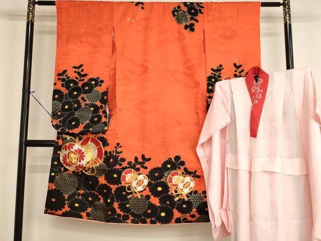 平和屋着物[]七五三　女の子　７歳　祝着　四つ身　長襦袢（無双仕立て・半衿刺繍）セット　駒刺繍　花鼓文　金彩　洗える着物　AABI2890ja