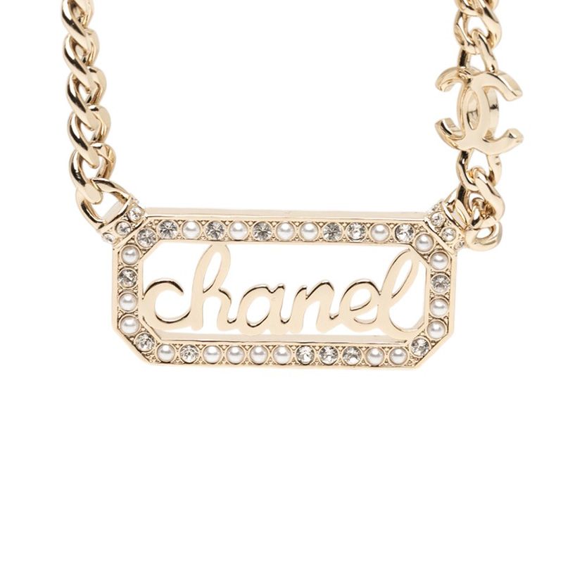 シャネル ヴィンテージ ロゴ ローグ チェーン ネックレス ゴールド メッキ フェイクパール ラインストーン レディース CHANEL【227-77786】