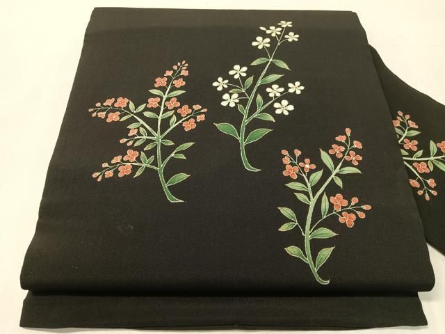 平和屋着物●九寸名古屋帯　草花文　黒地　金彩　正絹　逸品　CABJ7239vp