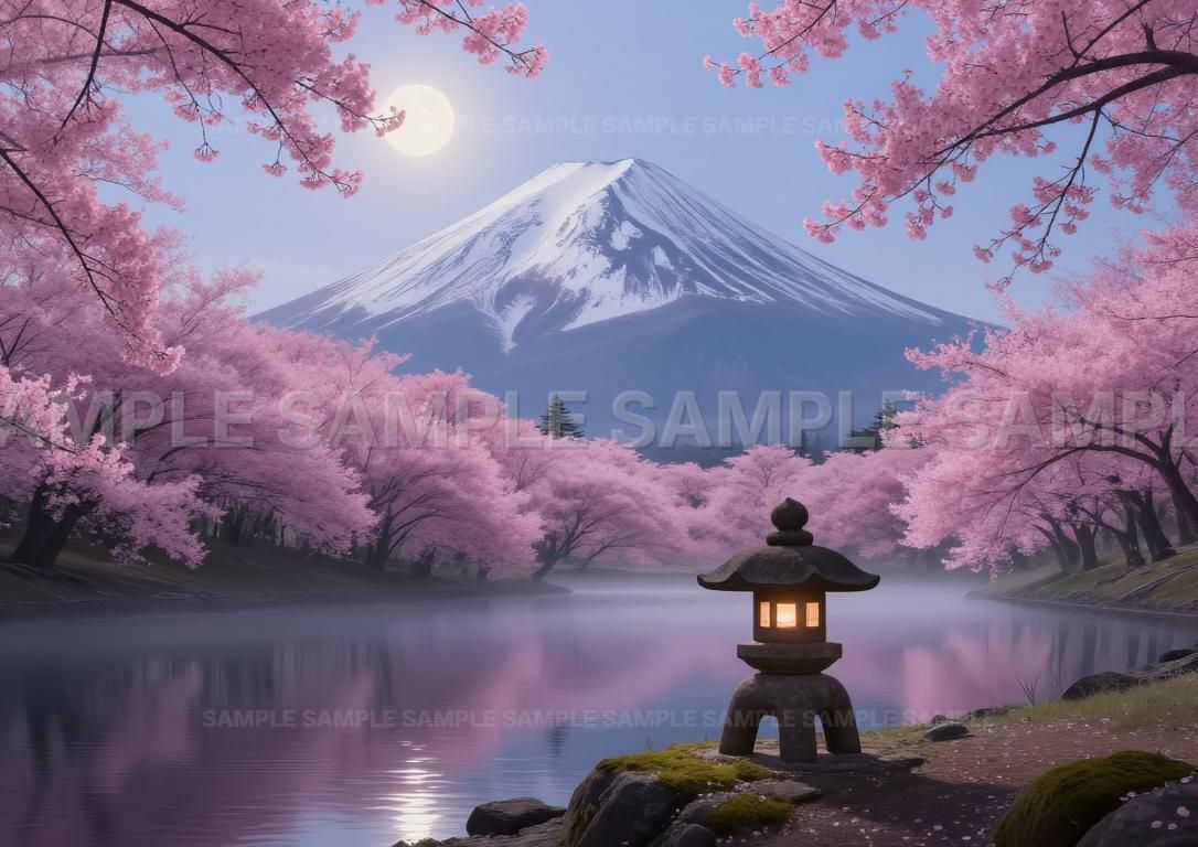 AIアート】【幸運を呼ぶ】満月 桜富士 湖畔 石灯籠 開運アート 縁起物