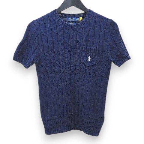 ポロ ラルフローレン POLO RALPH LAUREN 半袖 ニット セーター S 紺系 ネイビー クルーネック ケーブル編み 胸ポケット ロゴマーク刺繡