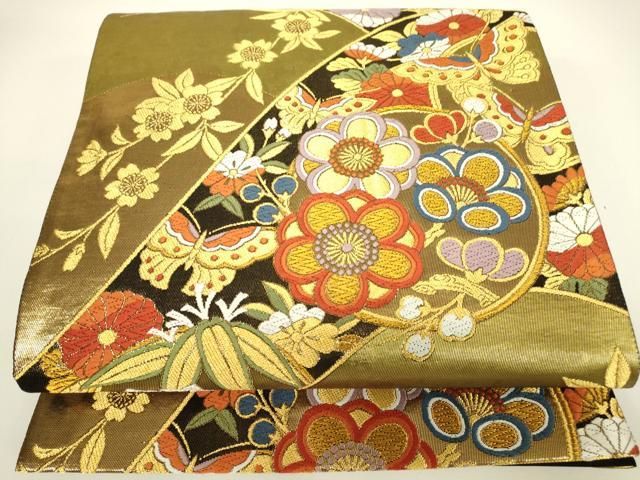 着物屋こころ□六通柄袋帯 切嵌花鳥文 金糸 正絹 逸品 A-